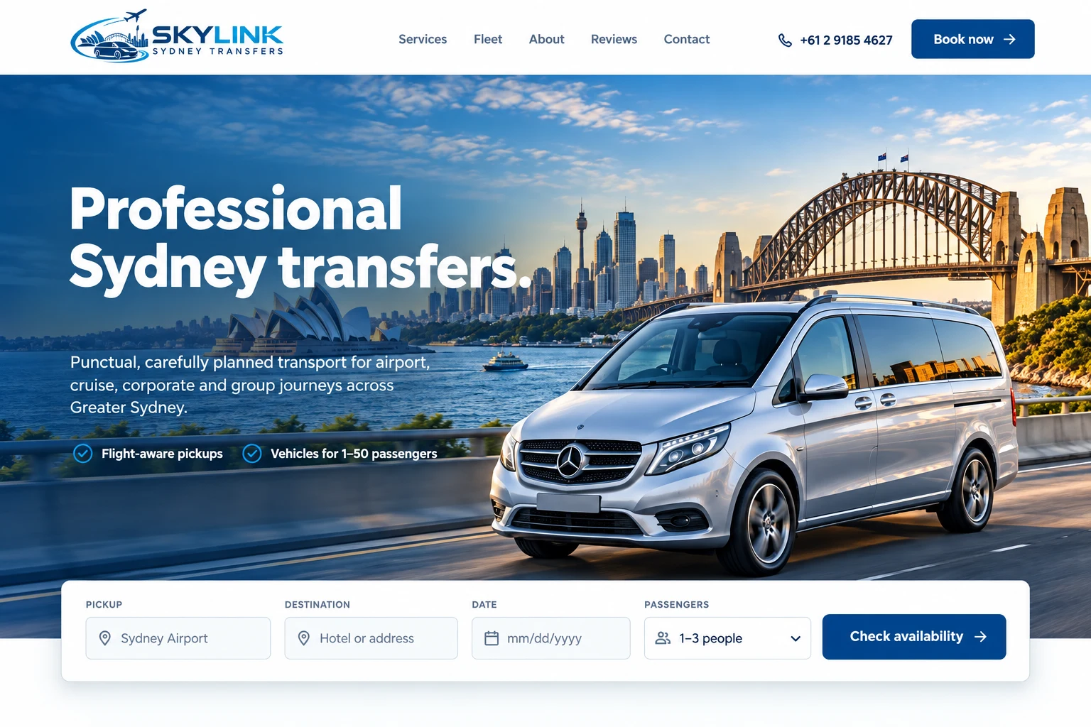SkyLink Sydney Transfers website cover presentation